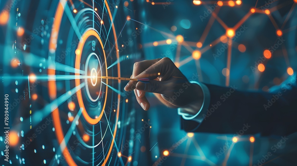 Businessman aims arrow at a virtual target dartboard, precision in setting objectives for business investments visualizes strategic approach to achieving goals and hitting targets in business.