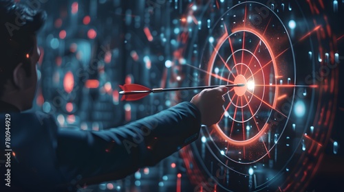 Businessman aims arrow at a virtual target dartboard, precision in setting objectives for business investments visualizes strategic approach to achieving goals and hitting targets in business. photo