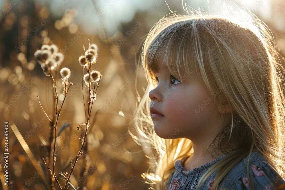 Portrait of a beautiful little girl in a field at sunset.