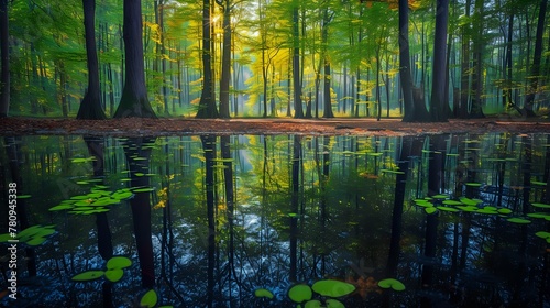 Sunlit Tranquility  Woodland Water Mirror. n