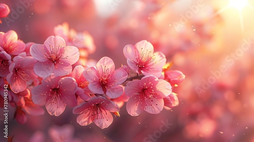 Blossom background with blooming tree and sun flare. Sunny day. Spring flowers. Orchard. Abstract blurred background. Springtime.