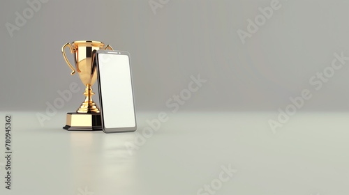  trophée en or à côté d'un smartphone avec un écran vide, pour la meilleure application mobile - fond gris 