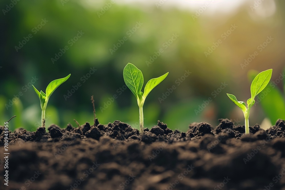 Young plant seedlings reach for the sunlight in rich soil, symbolizing new growth and the beginnings of a future garden. Young plant seedlings reach for the sunlight in rich soil, symbolizing new growth and the beginnings of a future garden.