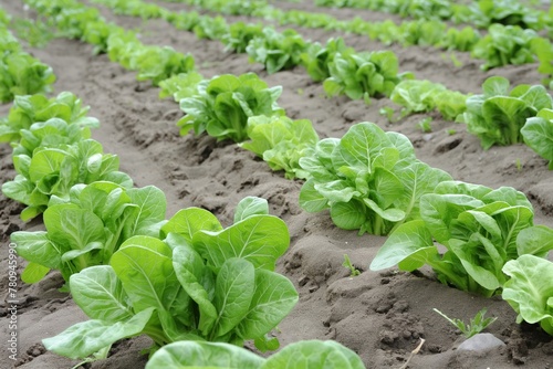 Rows of lettuce plants thrive in the loamy soil of a vegetable garden, the lush green leaves highlighting sustainable and organic farming practices.