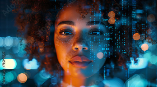 AI cyber security threat, female african american IT specialist analysing futuristic holographic data information. blue & orange colour, sugmented reality artificial intelligence concept banner 