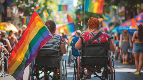Disabled gay people in wheelchairs celebrating pride festival in the summer with rainbow flags and confetti street party with crowd. Copy space pride inclusion and diversity banner photo