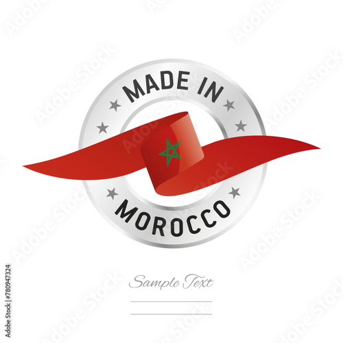 Made in Morocco. Morocco flag ribbon with circle silver ring seal stamp icon. Morocco sign label vector isolated on white background