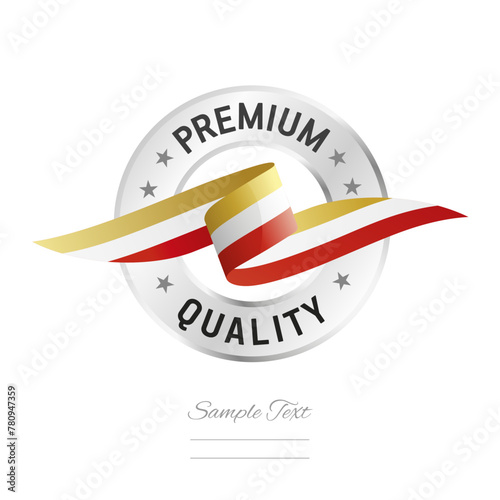 Premium quality. Golden white red quality seal stamp icon with ribbon and circle silver ring. Premium quality sign label vector isolated on white background © simbos