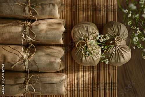 handmade herbal compresses on bamboo mat for traditional massage