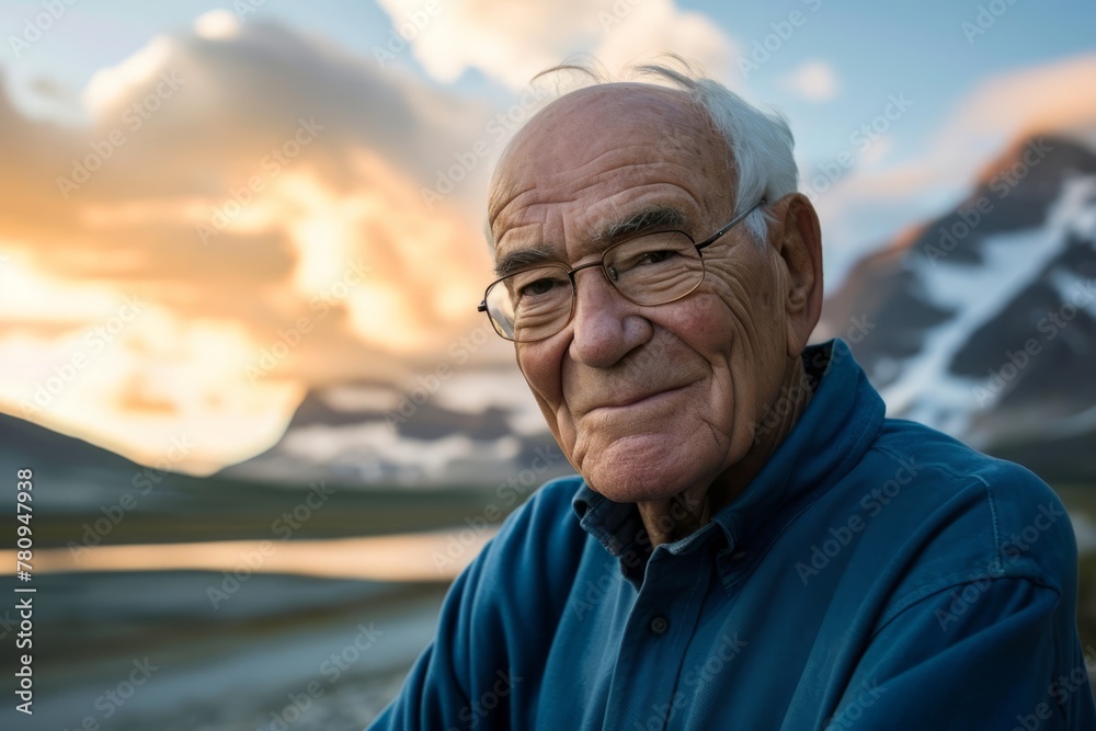 Portrait of an elderly man on a background of the mountains.