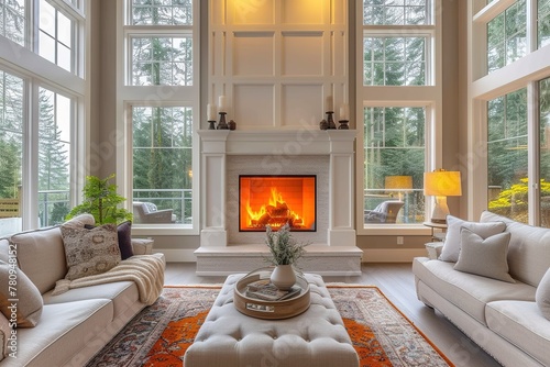 Beautiful Living Room in New Luxury Home with Fireplace and Roaring Fire. Large Bank of Windows Hints at Exterior View © Parvez