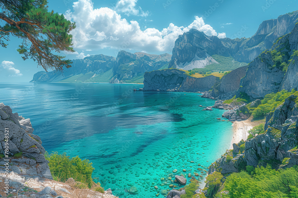 A panorama of natural wonders, from towering mountains to pristine beaches. Concept of geographic diversity and environmental conservation. Generative Ai.