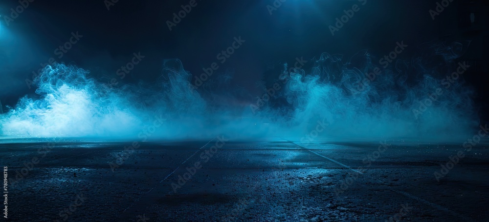 background of empty room, lamps, neon light, smoke, fog. AI generated illustration