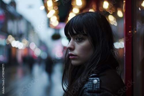 Portrait of a young brunette girl in a city at night
