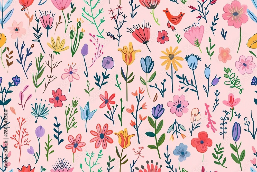 Fototapeta premium Seamless pattern with cute flowers and leaves. repeating pattern for nursery decor. 