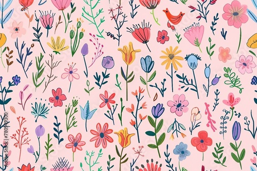 Seamless pattern with cute flowers and leaves. repeating pattern for nursery decor. 