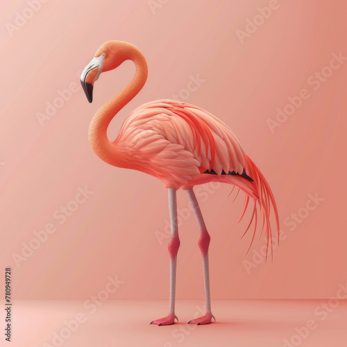 Realistic digital illustration of a pink flamingo standing gracefully  with detailed feathers on a matching pink background.