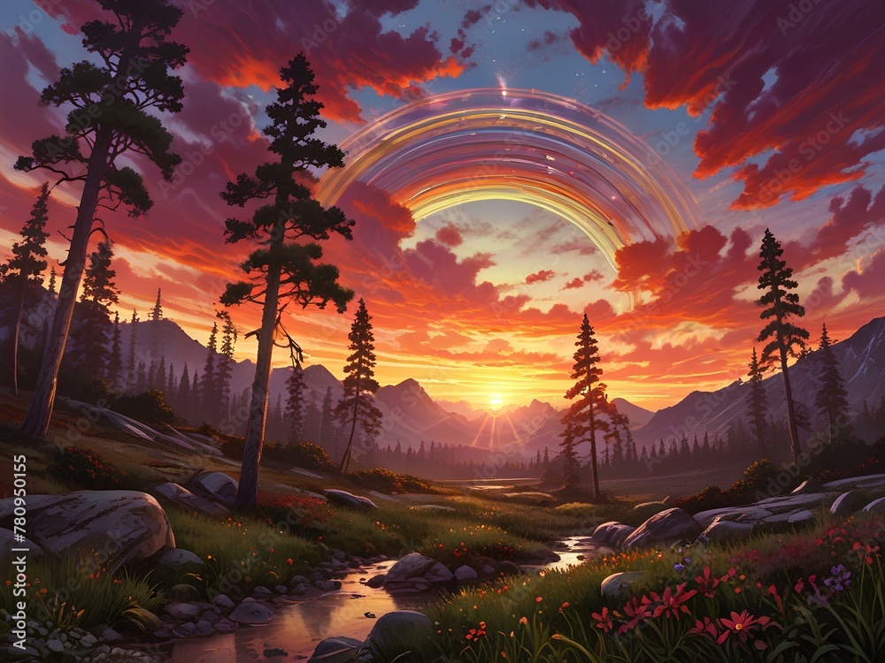 Enchanted Sunset: Radiant Sky Illuminates Lush Forest in a Captivating Painting