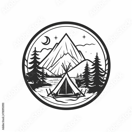 A black and white emblem featuring a mountain peak, a crescent moon, stars, pine trees, and a tent, all enclosed within a circular, minimalistic line art frame.