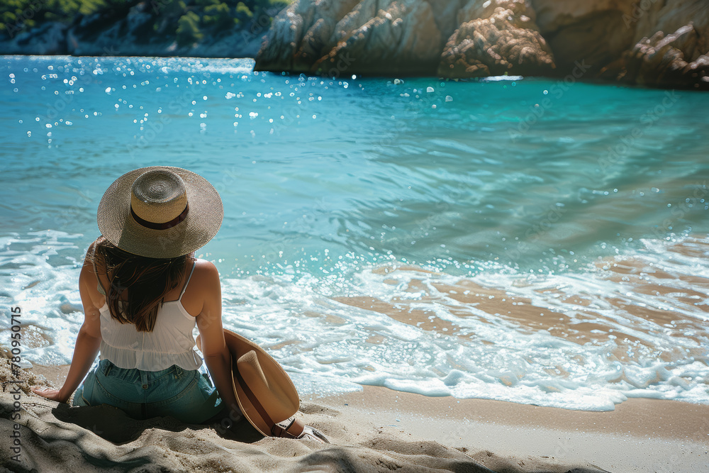 Φωτογραφία A beachgoer lounging on the sand, soaking up the sun's warmth and listening to the gentle lapping of waves