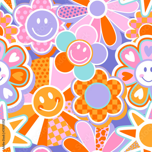 Abstract seamless bright pattern with groovy retro smiling flowers. Funny texture background. Wallpaper cool teen style