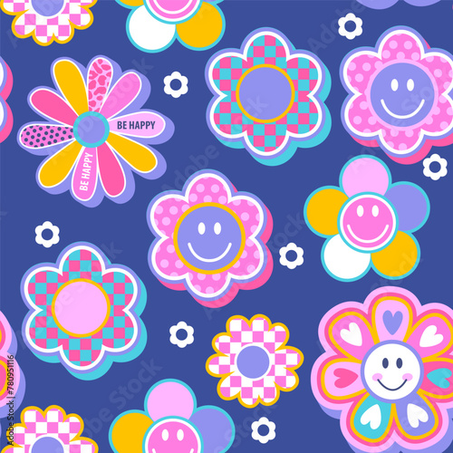 Abstract seamless bright pattern with groovy retro  smiling flowers. Funny texture background. Wallpaper cool teen style