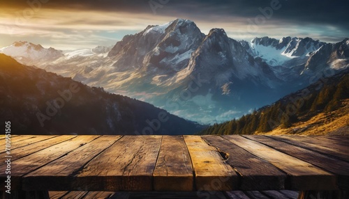 wooden table top with the mountain landscape photo
