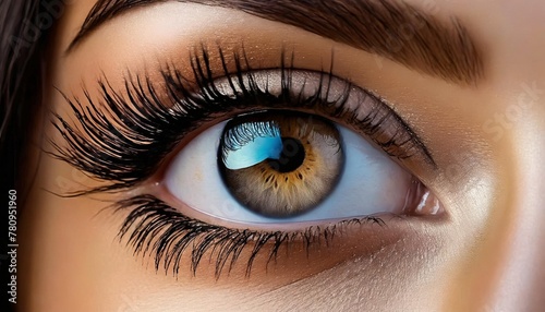 this close up captures a womans eye with remarkably long lashes enhanced by the application of mascara for added length and volume the focus is on the intricate details of the eye and lashes photo