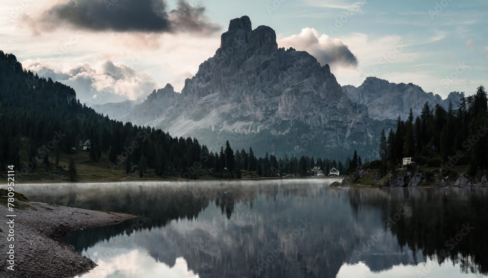 the beautiful nature landscape great view on federa lake early in the morning the federa lake with the dolomites peak cortina d ampezzo south tyrol dolomites italy popular travel locations - obrazy, fototapety, plakaty 
