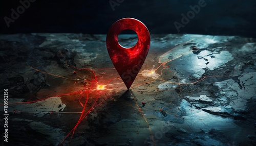 minimalistic red location pin on a dark map background photo
