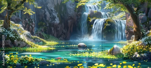 Landscape with waterfall and fish, spring flowers, green grass. Painting of summer