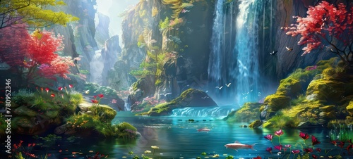 Landscape with waterfall and fish, spring flowers, green grass. Painting of summer © Ibad