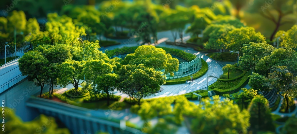 Modern generic contemporary style miniature model of glass and trees of a landscaped park