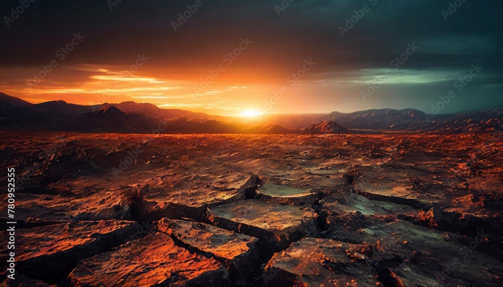 dramatic sunset over cracked earth desert landscape background