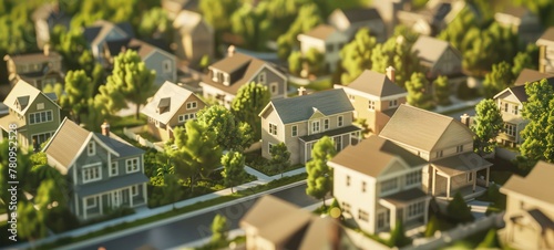 Modern generic contemporary style miniature illustration of houses and trees of a landscaped neighborhood model with tilt-shift focus technique