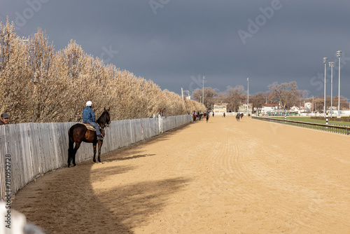 A horse racetrack with a stormy sky, a rider on a brown horse, and blooming ornamental pear trees in the spring. 