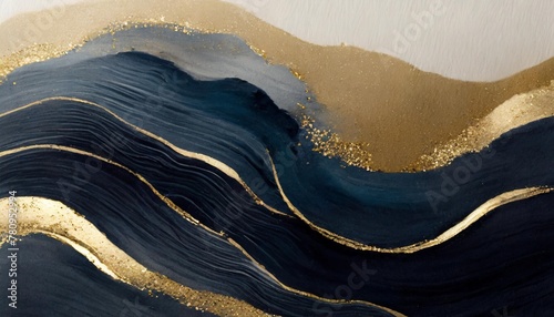 abstraction wavy blue beige watercolor stain grunge texture background navy tan gold water wave illustration nautical ocean wave backdrop modern ink lines sea waves isolated minimalist painting