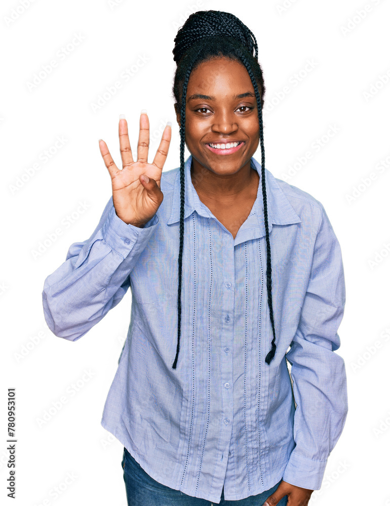 Young african american woman wearing casual clothes showing and pointing up with fingers number four while smiling confident and happy. Young african american woman wearing casual clothes showing and pointing up with fingers number four while smiling confident and happy.