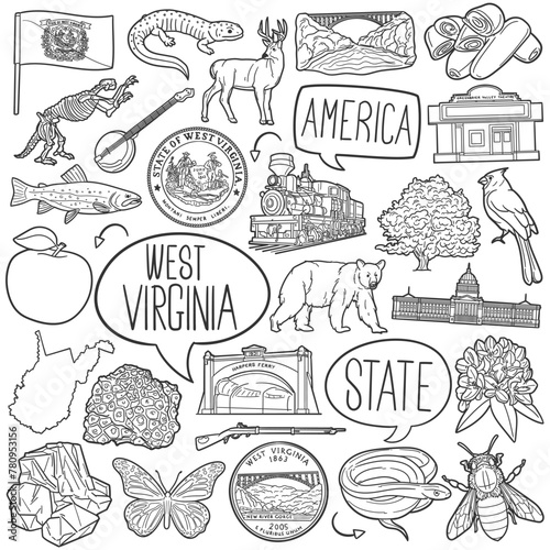 West Virginia Doodle Icons Black and White Line Art. USA State Clipart Hand Drawn Symbol Design.Illustrator Artwork.