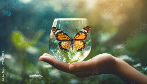 co2 emission reduction concept hand holding glass with butterfly sustainable environmentally friendly environment conservation climate change save planet reduce global warming environment photo