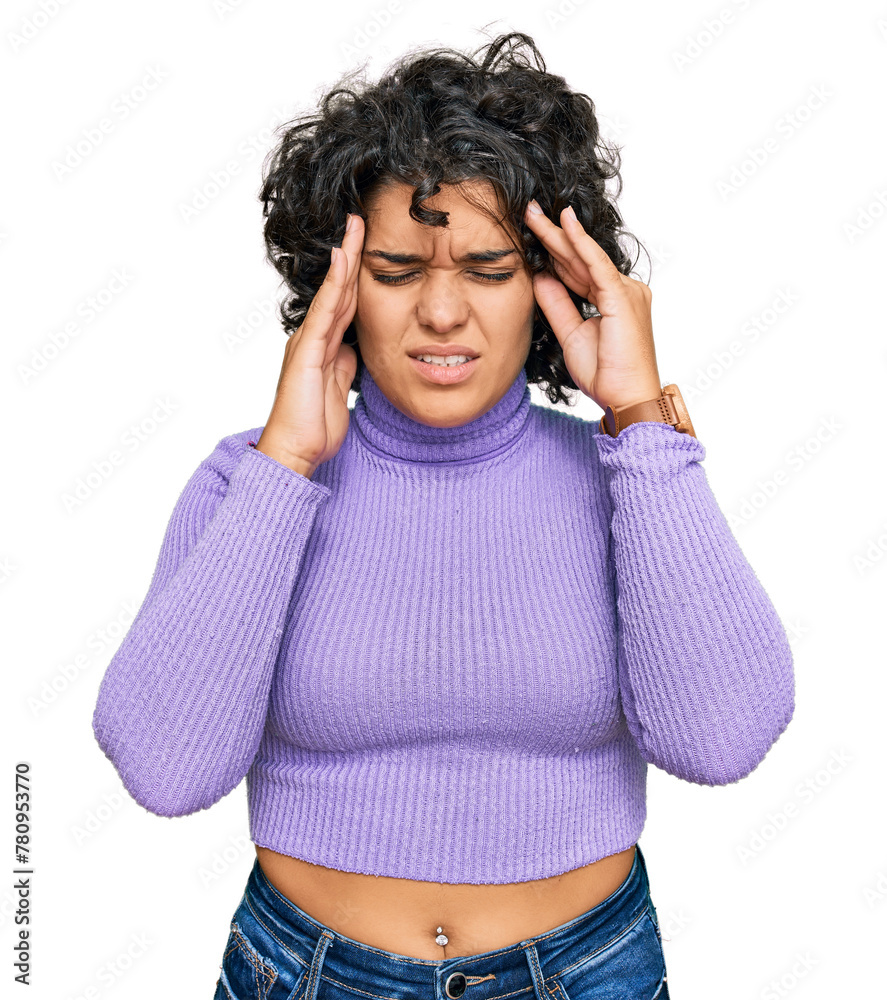 Young hispanic woman with curly hair wearing casual clothes with hand on head, headache because stress. suffering migraine. Young hispanic woman with curly hair wearing casual clothes with hand on head, headache because stress. suffering migraine.