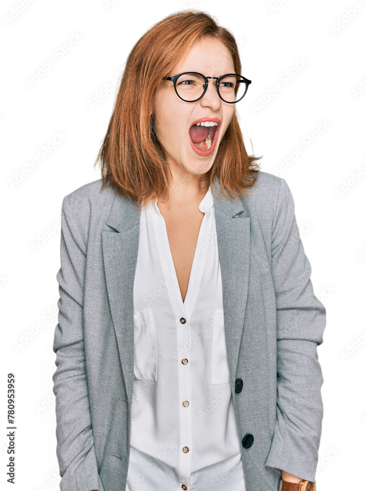 Young caucasian woman wearing business style and glasses angry and mad screaming frustrated and furious, shouting with anger. rage and aggressive concept. Young caucasian woman wearing business style and glasses angry and mad screaming frustrated and furious, shouting with anger. rage and aggressive concept.