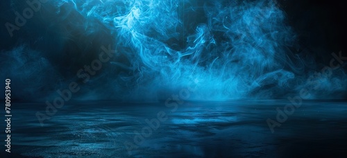 background of empty room, lamps, neon light, smoke, fog. AI generated illustration © Fatima
