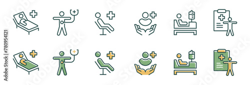 patient medical treatment icon vector set people health diagnosis check-ups service in hospital bedroom signs illustration for web and app