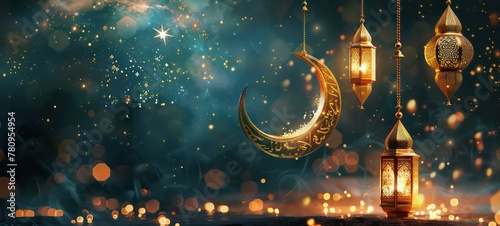 Ramadan Islamic greeting card of crescent moon decoration and lanterns with copy space area banner © Ibad