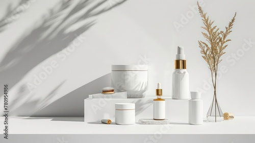 Set of cosmetic products, mock up Set, white color cosmetic products on white background. Blank white bottles, Squeeze tubes and containers. 3d rendering.