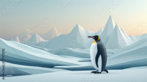 A solitary penguin stands amidst a tranquil expanse of snow and ice  with distant mountain peaks.
