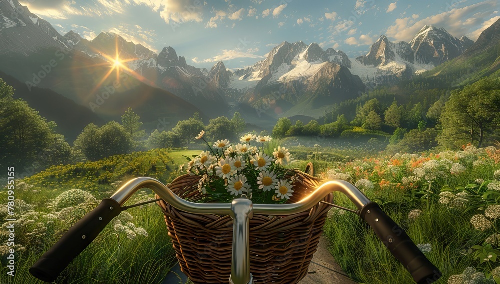 a vintage bicycle with a bouquet of yellow flowers in a basket against the background of a harvested rye field with haystacks. AI generated illustration - obrazy, fototapety, plakaty 