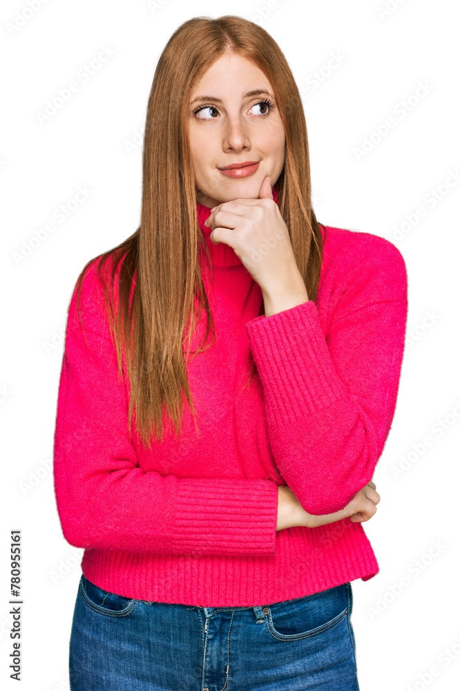 Young irish woman wearing casual clothes with hand on chin thinking about question, pensive expression. smiling with thoughtful face. doubt concept. Young irish woman wearing casual clothes with hand on chin thinking about question, pensive expression. smiling with thoughtful face. doubt concept.
