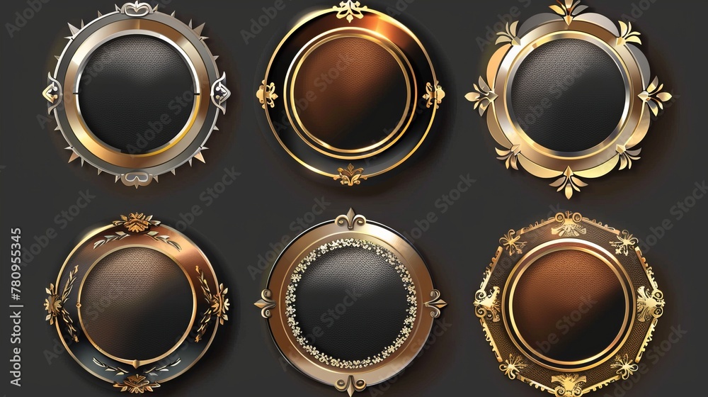 A collection of medals logos features shiny round awards in gold, silver, and bronze metallic colors, offering luxurious frames and decoration emblems as isolated abstract graphic design templates A collection of medals logos features shiny round awards in gold, silver, and bronze metallic colors, offering luxurious frames and decoration emblems as isolated abstract graphic design templates